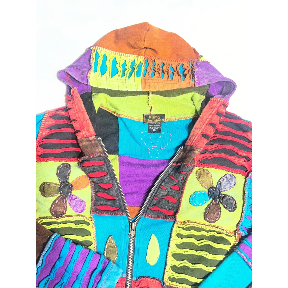 Rising International Patchwork Hoodie Boho Razor Cut Floral Peace Sign XL
